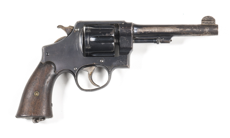 SMITH & WESSON MOD.1917 SERVICE REVOLVER: 45 Cal; 6 shot fluted cylinder; 140mm (5½") barrel; g. bore; std sights; S&W address & Cal markings to barrel; no visible S&W trade mark to frame; bottom of grip frame marked U.S. ARMY MODEL 1917; g. profiles & ma