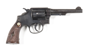 SMITH & WESSON VICTORY MODEL SERVICE REVOLVER: 38 S&W; 6 shot fluted cylinder; 127mm (5") barrel; g. bore; std sights; S&W address AáF to rhs of frame; faint S&W Trade mark to rhs of frame & FTR; g. profiles with wear to markings; re-blue finish to all me