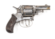 BELGIUM BRITISH BULLDOG C/F REVOLVER: 38 S&W; 6 shot non fluted cylinder; 63mm (2½") barrel; f to g bore; std sights; BRITISH BULLDOG to top strap; g. profiles; slight wear to markings; polished silver finish to all metal; g. chequered walnut grips; gwo &