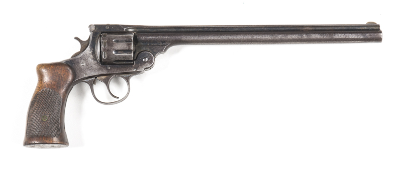 HARRINGTON & RICHARDSON EXPERT R/F REVOLVER: 22LR; 9 shot fluted cylinder; 254mm barrel; f. bore; std sights; H&R address & model marking to barrel; wear to profiles, address & markings; grey finish to all metal with v. fine pitting to barrel; g. chequere