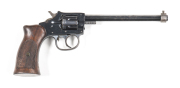 HARRINGTON & RICHARDSON TRAPPER MODEL R/F REVOLVER: 22 LR; 7 shot fluted cylinder; 153mm (6") octagonal barrel; g. bore; replaced front sight arrangement; H&R address to barrel; TRAPPER MODEL to top strap; vg profiles & clear markings; 95% original blue f