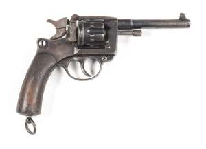 FRENCH LEBEL MODEL 1892 SERVICE REVOLVER: 8mm; 6 shot fluted cylinder; 121mm (4¾") barrel; f to g bore; std sights & proofs to barrel; g. profiles & clear markings; 70% original blue finish remains with most losses to t/guard, part of barrel & small areas