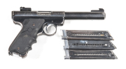 STURM RUGER MKI S/A TARGET PISTOL: 22 LR; 10 shot mag; 140mm (5½") round barrel; g. bore; std sights & address to rhs of frame; lhs RUGER MARK I AUTOMATIC PISTOL 22 CAL LONG RIFLE; g. profiles & clear markings; 85% original blue finish remains thinning to