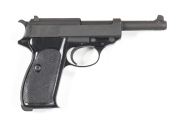 WALTHER P.I S/A PISTOL: 9mm; 8 shot mag; 127mm (5") barrel; g. bore; std sights; Walther banner & Cal markings to lhs of slide; s/n 086746W595 to lhs of alloy frame; g. profiles & clear markings; matt grey finish to slide & hammer; vg blacked finish to fr