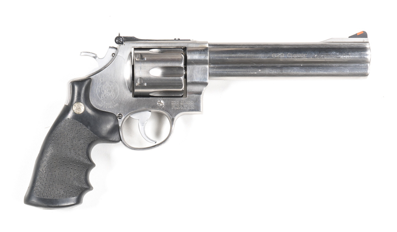 SMITH & WESSON MODEL 629 CLASSIC STAINLESS STEEL C/F REVOLVER: 44 Magnum; 6 shot fluted cylinder; 165mm (6½") barrel; g. bore; std sights , S&W address & Trade mark to rhs of frame; sharp profiles, clear markings & address; polished finish to barrel with