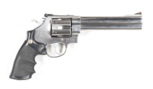 SMITH & WESSON MODEL 629 CLASSIC STAINLESS STEEL C/F REVOLVER: 44 Magnum; 6 shot fluted cylinder; 165mm (6½") barrel; g. bore; std sights , S&W address & Trade mark to rhs of frame; sharp profiles, clear markings & address; polished finish to barrel with 