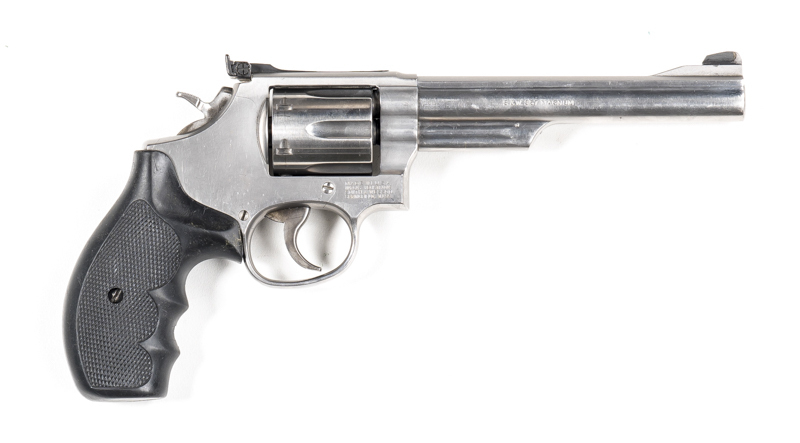 SMITH & WESSON MODEL 66-5 STAINLESS STEEL REVOLVER: 357 magnum; 6 shot fluted cylinder; 155 mm (6 1/8") barrel; g. bore; std sights, barrel markings & S&W address to rhs of frame; lhs has S&W Trade mark; vg profiles & clear markings; vg polished finish to