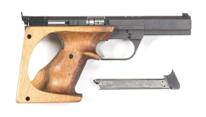 HAMMERLI MODEL 232 S/A TARGET PISTOL: 22 R.F short; 5 shot mag; 127mm (5") barrel; g. bore; std sight, address & model to lhs of barrel; g. profiles & clear markings; black matt finish to barrel & frame with v. minor marks; vg contoured walnut grips; come