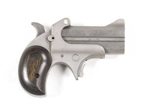 TEXAS ARMS U/O DERRINGER; 45 ACP; 2 shot; 76mm (3") barrels; exc bores; std sights; TEXAS ARMS DECATUR TEXAS to lh barrel rib; 45 AUTO DEFENDER PAT. PEN to rh barrel rib; plain frame with spur trigger; sharp profiles & clear markings; grey matt finish to 