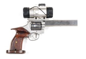 SMITH & WESSON MODEL 64 STAINLESS STEEL C/F TARGET REVOLVER: 38 Special; 6 shot fluted cylinder; 165mm (6½ ") barrel; vg bore; custom barrel weight inscribed H.H.H. & fitted with a Tasco Propoint scope; S&W address & Trade mark to rhs of frame; sharp prof