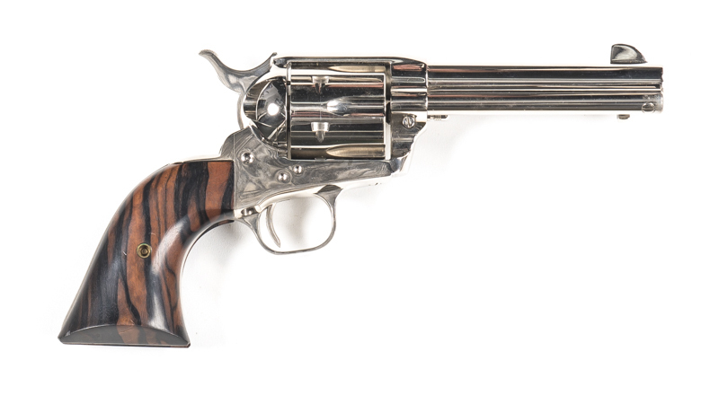 COLT MOD.1873 S.A.A. C/F REVOLVER: 45 Cal; 6 shot fluted cylinder; 121mm (4¾") barrel; exc bore; std sights; one line Hartford address, Patent dates & Rampant Colt trade mark; sharp profiles, address & markings; revolver is “as new” with a full nickel fin