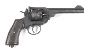 BRITISH MK VI SERVICE REVOLVER: 455 Cal; 6 shot fluted cylinder; 153mm (6") barrel; f. bore with two moderate bulges 1" from the muzzle; std sights & fittings; g. profiles; revolver has a re-blacked finish & as a result no date of Webley Patents are visib