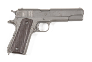 COLT 1911 S/A SERVICE PISTOL: 45 ACP; 7 shot mag; 127mm (5") barrel; vg bore; std sights, slide address & markings; rhs of frame marked UNITED STATES PROPERTY 1413137; g. profiles & clear markings; grey Parkerised finish to all metal, thinning on leading 