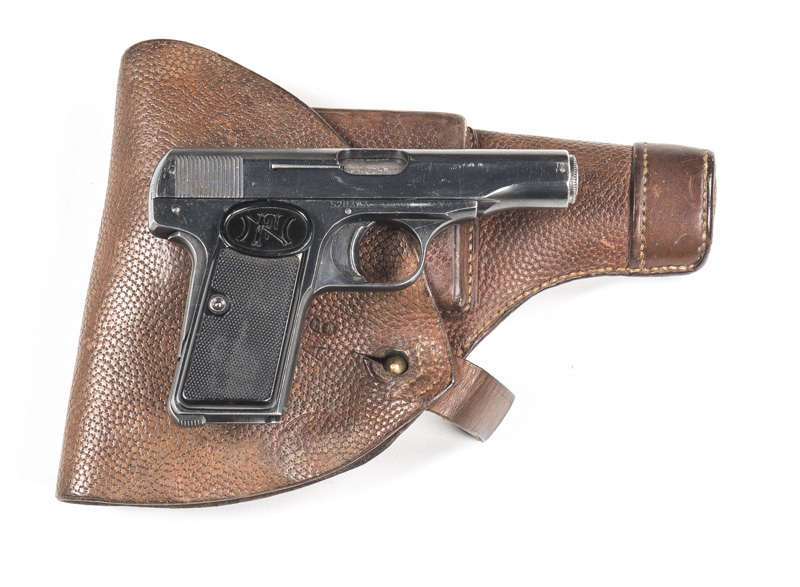 F.N. BROWNING MOD 1910 S/A POCKET PISTOL: 32 ACP; 7 shot mag; 85mm (3¼") barrel; g. bore; std sights, slide address & markings; g. profiles & clear markings; 80% original blue finish remains with a few minor marks & slide wear; vg FN hard rubber grips; wi