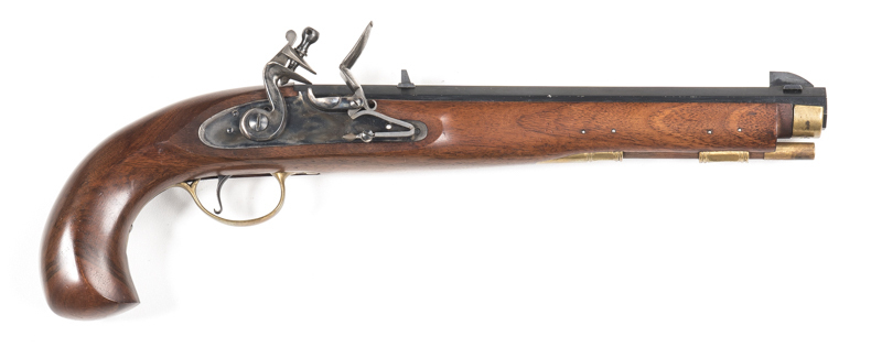PEDERSOLI KENTUCKY FLINTLOCK PISTOL: 45ML; 265mm (10 3/8") octagonal barrel; vg rifled bore; std sights, Cal markings & address to barrel; pistol is “almost as new” with a full blue finish to the barrel with a few minor marks; vivid case colours to lock &