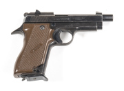 FRENCH UNIQUE MOD BCF-66 S/A PISTOL: 32ACP; 7 shot mag; 102mm (4”) barrel; g. bore; std sights, rhs slide address & markings; vg profiles & clear markings; thinning blue finish to slide, stronger on the frame; brown chequered plastic grips with a large ch