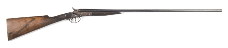 Wm. CASHMORE SxS HAMMER SIDE LEVER SHOTGUN: 410 Cal; 30" barrels; g. bores; tight on the face; 2" chambers; machine cut rib marked Wm CASHMORE MAKER BIRMINGHAM; g. profiles & clear address; plain action; brown/plum finish to barrel, action, lever & fittin