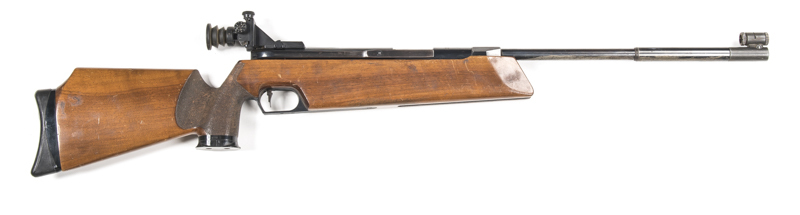 FEINWERKBAU MODEL 300S TARGET AIR RIFLE: 177 Cal; s/shot; 20" barrel; g. bore; std sights, breech markings & address to receiver; g. profiles & clear markings; patchy blue finish to barrel with losses underneath, thin to receiver; g. stock with minor scra