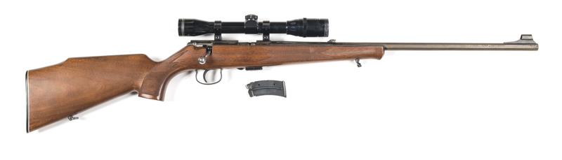 ANSCHUTZ MODEL 1415 B/A R/F SPORTING RIFLE: 22 LR; 5 shot mag; 22.5" barrel; exc bore; std sights plus a Parker Hale 4x32 wideview scope with g. optics; plum finish to barrel, patchy blue to receiver & strong blue to t/guard; vg chequered pistol grip stoc