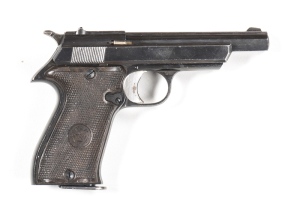 SPANISH STAR MOD.IR S/A PISTOL: 32ACP; 7 shot mag; 110mm (4¼”) barrel; g. bore; std sights; STAR address & Cal markings to lhs of slide; g. profiles; clear address & markings; 90% original blue finish remains; vg Star brown plastic grips; gwo & cond. #107