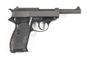 WALTHER PI S/A PISTOL: 9mm; 8 shot mag; 127mm (5”) barrel; vg bore; std sights; Walther banner & markings to lhs of slide; sharp profiles & clear markings; grey Parkerised finish to barrel & slide, black finish to alloy frame; g. black chequered plastic g