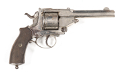 BELGIUM COPY OF A WEBLEY STYLE HINGED FRAME C/F REVOLVER: 450 Cal; 6 shot non-fluted cylinder; 140mm (5½”) hexagonal barrel; f to g bore; large blade front sight, small notched sight to the rear of the frame; edge of top strap marked THE BEST SECURITY PAT