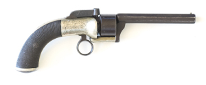 ENGLISH DOOLEY TRANSITION PERCUSSION REVOLVER: 36ML; 6 shot non fluted cylinder; 127mmm (5") octagonal barrel; brass bead front sight; foliate engraved German silver frame & back strap; DOOLEY LIVERPOOL to back strap; centre hammer action fitted with a ri