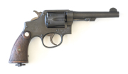 SMITH & WESSON VICTORY MODEL SERVICE REVOLVER: 38-200 Cal; 6 shot fluted cylinder; 127mm (5”) barrel; vg bore; std sights & 2 line S&W address to barrel; S&W trade mark to rhs of frame, also DáD FTR MA 55; revolver has a full parkerised grey re-finish; g.