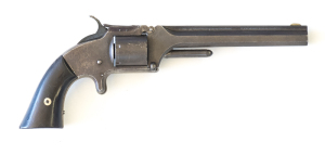 SMITH & WESSON MODEL 2 ARMY R/F REVOLVER: 32 RF; 6 shot non fluted cylinder; 153mm (6") octagonal barrel; f to g bore; std sights & one line S&W address to top barrel flat; plain frame with spur trigger; g. profiles & clear markings; g. barrel hinge; blue