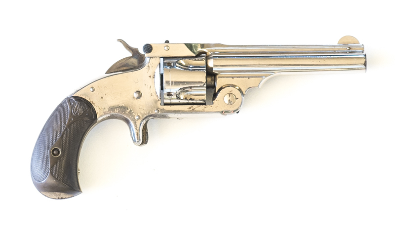 SMITH & WESSON SINGLE ACTION 1 1/2 FRAME C/F REVOLVER: 32 S&W; 5 shot cylinder; 89mm (3½") barrel; f to g bore; std sights; 2 line S&W address to barrel top flat; g. profiles & clear markings; retaining 80% original nickel finish to barrel, spur trigger &