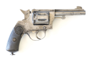 BAYARD MOD.1923 C/F REVOLVER: 8mm; 7 shot fluted cylinder; 102mm (4") barrel; g. bore; std type sights; POUR CARTOUCHE, & 8MM to top strap; wear to profiles & markings; blue/grey finish to all metal; Bayard hard rubber grips with a large chip to rh grip n