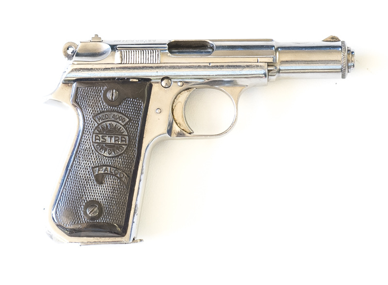 ASTRA MODEL 4000 S/A PISTOL: 7.65 Cal; 8 shot mag; 102mm (4") barrel; g. bore; std sights, Astra trade mark & markings to the slide; g. profiles & clear markings; full nickel finish; g. Astra black plastic grips; gwo & cond. #1117838 Post '47 L/R