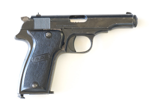 FRENCH MAB MODEL R S/A PISTOL: 7.65 Cal; 8 shot mag; 102mm (4") barrel; g. bore; std sights, slide address & markings; vg profiles & clear markings; retaining 90% original blacked finish; vg MAB black chequered grips; gwo & vg cond. #F32623 Post '47 L/R