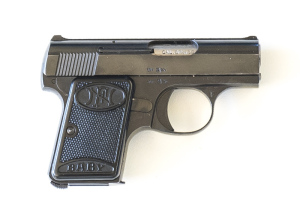 FN BROWNING BABY S/A VEST POCKET PISTOL: 25 ACP; 6 shot mag; 51mm (2") barrel; g. bore; std sights; F.N. address to lhs of slide; sharp profiles & clear markings; retaining 98% original blacked finish; exc FN Baby black chequered grips; gwo & exc cond. #2