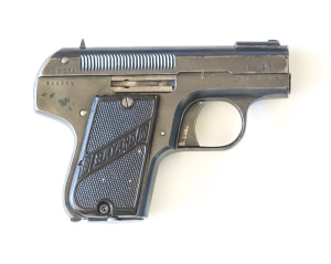 BAYARD MODEL 1908 S/A POCKET PISTOL: 7.65 Cal; 8 shot mag; 57mm ( 2¼” ) barrel; g. bore; std sights, frame address & Bayard trade mark; g. profiles & clear markings; retaining 70% original blacked finish with most losses to slide; g. Bayard black chequere