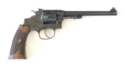 SMITH & WESSON BEKEART R/F REVOLVER: 22 LR; 6 shot fluted cylinder; 153mm (6”) barrel with 2 line S&W address; vg bore; std sights; S&W trade mark to lhs of frame; sharp profiles & clear markings; 95% orig blue finish remains with slight muzzle wear; vivi
