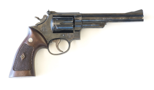 SMITH & WESSON MOD.53 MAGNUM, (JET) C/F REVOLVER: 22 Jet; 6 shot fluted cylinder; 153mm (6”) barrel; vg bore; std sights, SMITH & WESSON & 22 MAGNUM to barrel; S&W trade mark & address to rhs of frame; sharp profiles & clear markings; retains 90% original