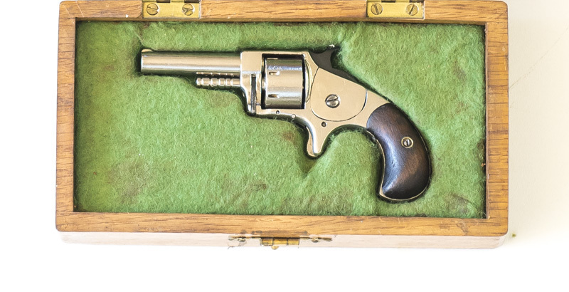 HOPKINS & ALLEN CAPT. JACK R/F REVOLVER: 22 short; 7 shot cylinder; 57mm (2¼") round barrel; f. bore; std sights; top strap marked CAPT. JACK PAT MARCH 23 1871; g. profiles & markings; nickel finish to barrel, cylinder & frame with spur trigger; f to g bi