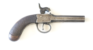 ENGLISH S/B BOXLOCK PERCUSSION PISTOL: 41 Cal; (2 5/8") octagonal barrel; f. bore; foliate engraved centre hammer action; slight wear to profiles & engraving; grey patina to barrel, box lock & t/guard; g. chequered bag shaped grips with vacant oval escutc