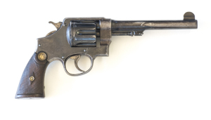 S&W MOD.1917 SERVICE REVOLVER: 455 Cal; 6 shot fluted cylinder; 165mm (6½”) rnd barrel; g. bore; std sights, 2 line S&W barrel address & S&W trade mark to rhs of frame, British acceptance stamps to lhs; g. profiles & clear markings; 55% orig blue finish r