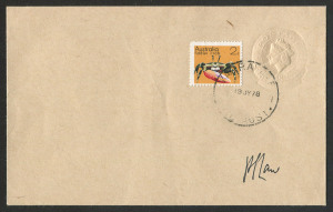 AUSTRALIA: Postal Stationery: Envelopes: 1975-78 (BW.EP73) 18c QEII Envelope (145x90mm) "Albino Impression" with 2c Crab added and tied by YARRAVILLE '19JY78' datestamp, unaddressed, signed by Dr Phillip Law (Antarctic Explorer & ANARE leader). Rare, albino impression not listed by Brusden White.