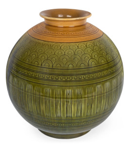 CHRISTOPHER DRESSER Linthorpe Pottery spherical vase, 19th century, stamp and incised signature "Chr. Dresser, Linthorpe", 24cm high