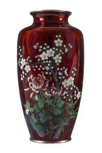 A Japanese cloisonné vase, pigeon blood and silver with blossom decoration, 20th century, eight character mark to base 22cm high