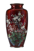 A Japanese cloisonn&eacute; vase, pigeon blood and silver with blossom decoration, 20th century, eight character mark to base 22cm high
