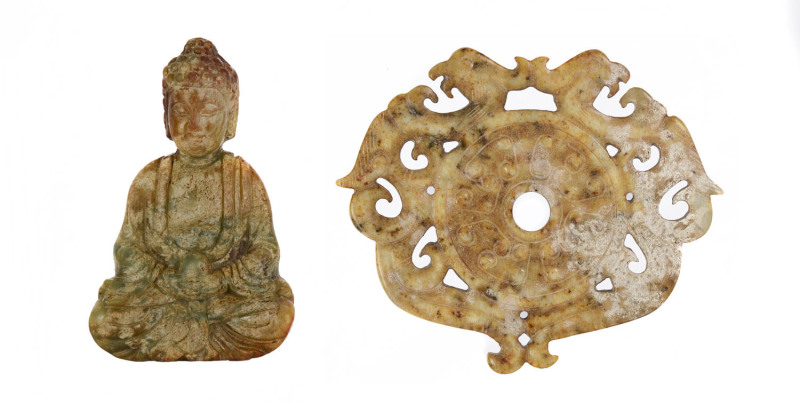 A Chinese archaic style carved jade disc and miniature seated Buddha statue