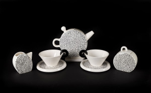 MEMPHIS porcelain seven piece bachelor tea set, 20th century, stamped "Memphis by Dasch, Japan", 20cm high