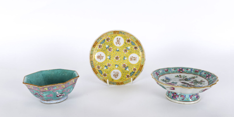 Three assorted Chinese polychrome porcelain dishes, Guangxu period, late 19th century yellow dish 14.5cm diameter