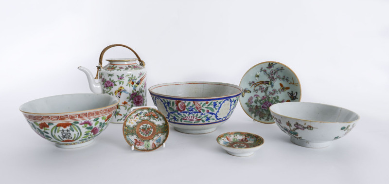 Three Chinese porcelain bowls, Canton ware teapot, two sauce dishes and a Cantonese plate, 19th and 20th century, (7 items), the teapot 15cm high