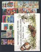 COCOS ISLANDS: 1963-2000s Collection on hagners mostly MUH with sets incl. 1963 Pictorials (plus 2/- & 2/3d used blocks of 4), 1979 Fish, 1982 Butterflies, 1985 Molluscs, 1987 Sailing se-tenant block of 20 with Cup-Pex marginal imprint, 1990 Flora M/S ove - 5