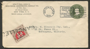 AUSTRALIA: Revenues: 1924-61 inward covers with Customs Duty issues added: USA 1924 1c Envelope from New York with 1c on ½d tied by 'CANCELLED" handstamp and 1961-62 covers from London with meter cancels, both with ½d added tied by 'EXPERT AID/EXPORT TRADE' slogans, all with typed addresses to M.Simonson Ltd (fabrics supplier, Melbourne); also GB KGVI ½d on undated cover to Palfreyman's in Hobart with uncancelled ½d. (4 items).
